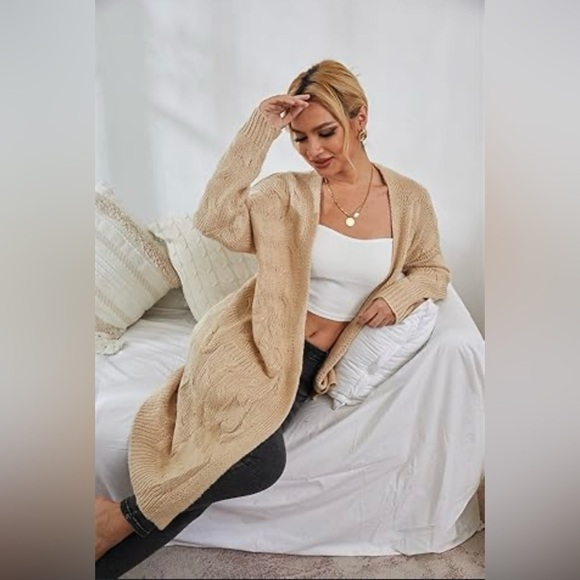 Medium Tan Midi Cardigan, soft & warm, Large Cable Knit Pattern - Picture 1 of 5